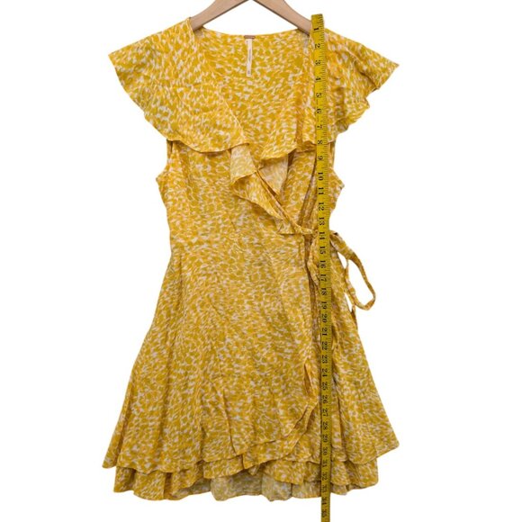 Free People French Quarter Mini Wrap Dress Yellow White Flutter Sleeve Size XS - Picture 9 of 11